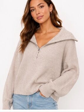 💙Aerie Oatmeal Waffle Knit Half Zip Sweater | Medium | Cozy Oversized Pullover